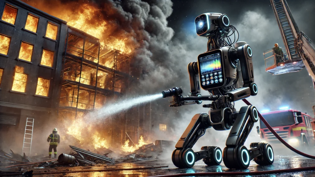 Smart building interior with AI-based fire detection system showing early smoke alert via IoT-connected devices.